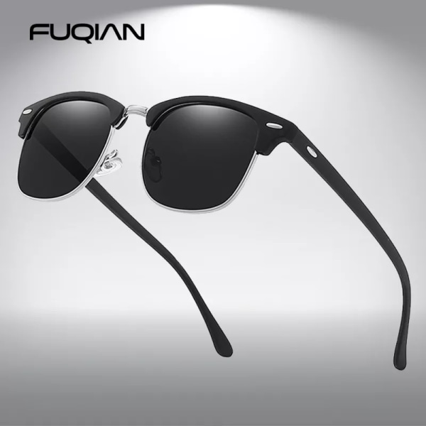 FUQIAN Klassiska Solglasögon Polariserade Män Retro Square Rivet Solglasögon Kvinnor Man Körglasögon UV400 Black Silver Black Polarized