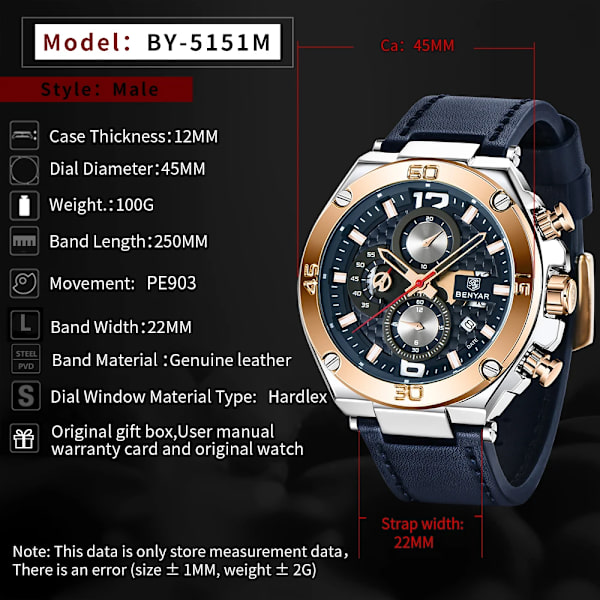 BENYAR 2023 Nya quartz herrklockor Multifunktions watch herr topp lyxmärke watch Relogio Masculino Silver gold