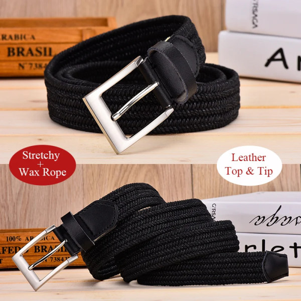 Läderbälte för män för elastiskt rep vax Canvas flätat vävt stretchbälte med lång midja 3,5 CM Cowskin Bälte Toppspets för män 95-160 CM Navy-Yellow 115CM