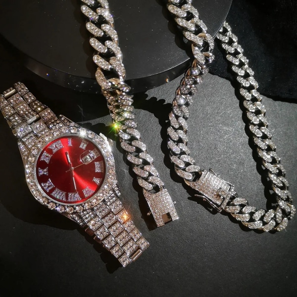 Full Iced Out Watch Herr Kubansk Link Chain Armband Halsband Choker Bling Smycken för Herr Stora Guldkedjor Hip Hop Herr Watch Set sliver red