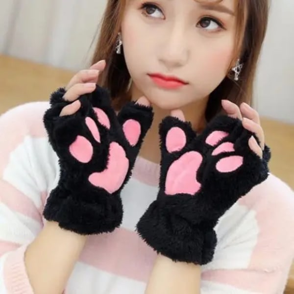 Söt Cat Paw Fluffy Claw Fingerlösa handskar Varm Mjuk Plysch Fingerlös Panda Handske Halvfinger Kvinnor Vinterkläder Julklappar Khaki-A One Size