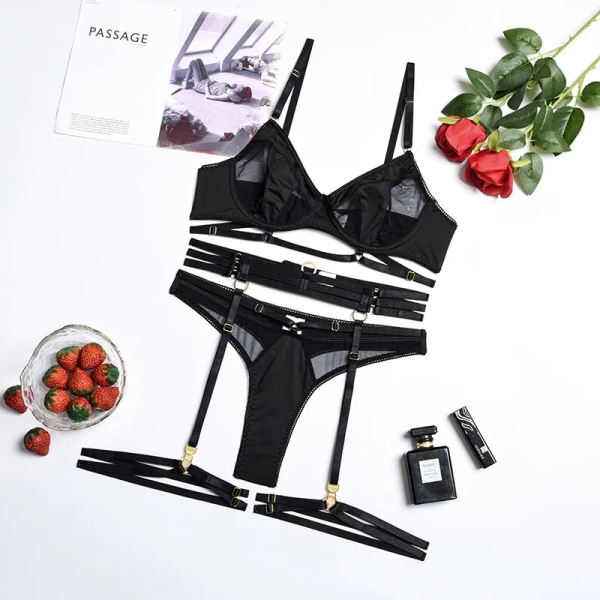 YBFDO 3-delad BH Set Dam Patchwork Genomskinlig Mesh Underkläder Dam Sexiga Fancy Transparenta Set black XL