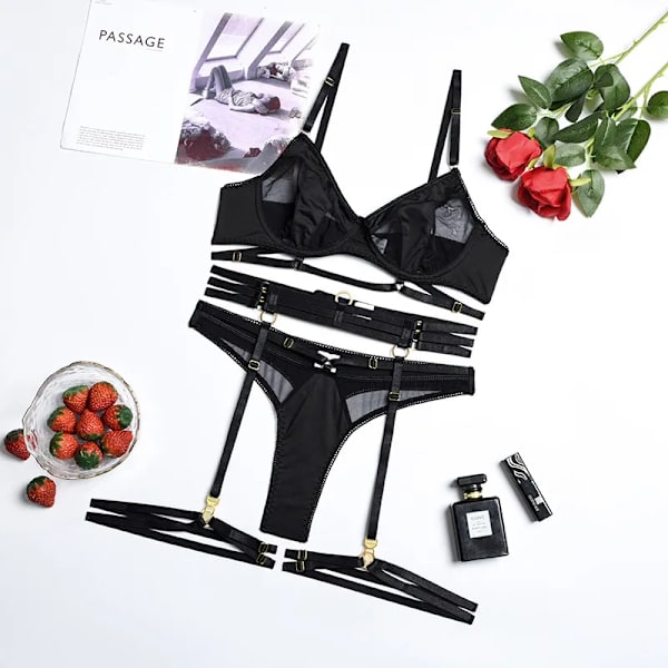 YBFDO 3-delad BH Set Dam Patchwork Genomskinlig Mesh Underkläder Dam Sexiga Fancy Transparenta Set white M
