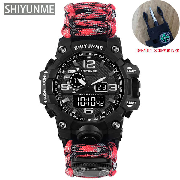 Utomhus Survival Watch Multifunktionell Vattentät Militär Taktisk Paracord Watch Armband Camping Vandring Nödutrustning Red