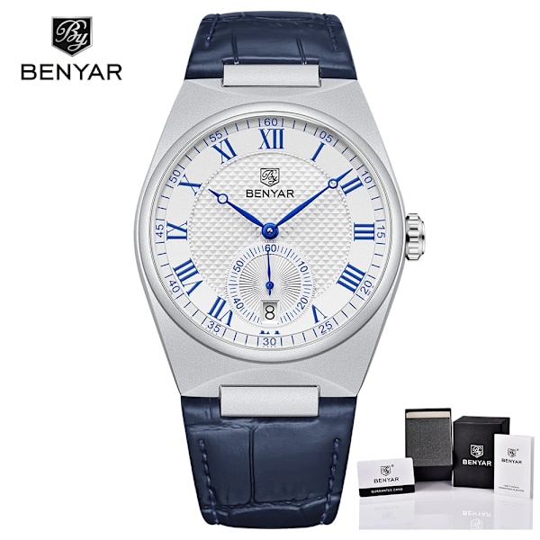 BENYAR Herrklockor Retro Dial Quartz Watch For Herr Lyx 40MM Militärläder Originalklockor Vattentät klocka Reloj Hombre Blue