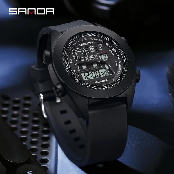 SANDA 9025 Ny elektronisk watch med enkel kärna Multifunktionell silikontejp Utomhussport för män Digital vattentät armbandsur WHITE  2