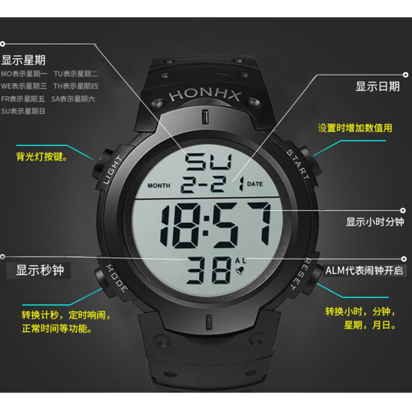 Mode Män Watch Lysande Militär Digital Watch Vattentät Armband Atlet Stoppur Alarm Man Elektronisk Klocka Man reloj White