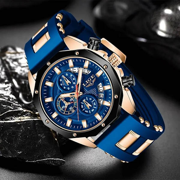 Nytt mode Herrklockor Toppmärke Lyx Silikon Watch Herr Kvarts Datum Klocka Vattentät Armbandsur Kronograf black rose gold
