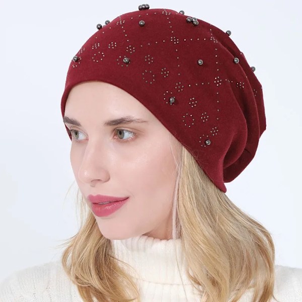 Mjuka Bomulls-Hattar för Höst & Vår - Dam & Flickor - Pärlor & Strass - Varma Skullies - Turban - Bonnet - Kvinnliga Hattar C red Elasticity