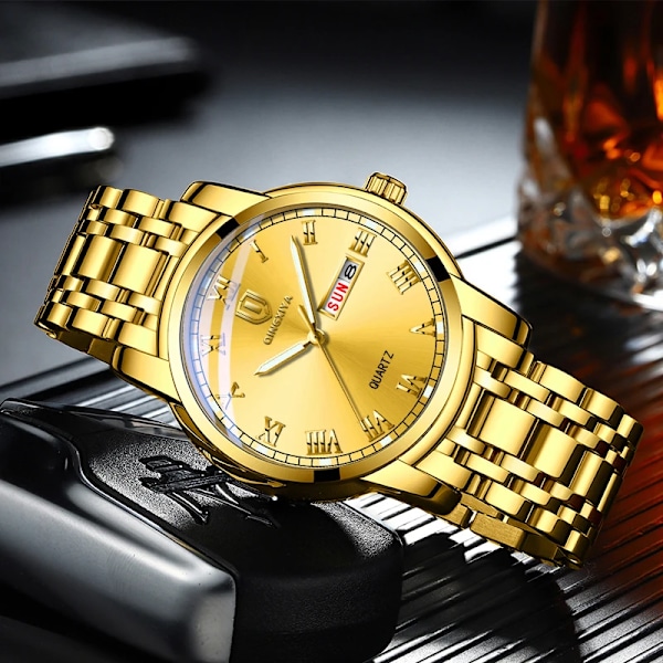 QINGXIYA Toppmärke Lyx Guld Röd Watch Herr Rostfritt Stål Lysande Vattentät Klockor Veckakalender Business Watch Herr Silver Gold Blue