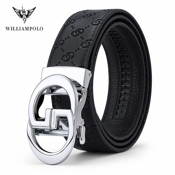 WILLIAMPOLO Herrbälte Herr Högkvalitativt Läderbälte Herr Herrband i äkta läder Lyxigt Automatiskt spänne Modejeans Silver-22108 115CM