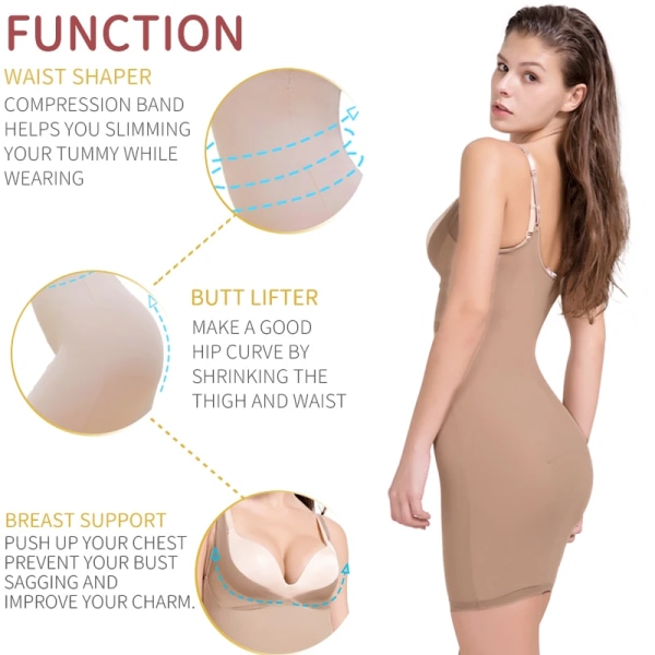 Full Slips Underklänning Kroppsformare Magkontroll Shapewear Waist trainer Bodysuit Butt lifter Seamless Slimming Underkläder Korsett Beige S