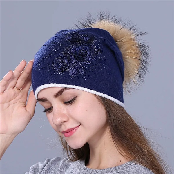 Xthree Vintermössa för Kvinnor, Blank Rhinestone Cashmere Stickad Mössa med Pompom Dark Grey