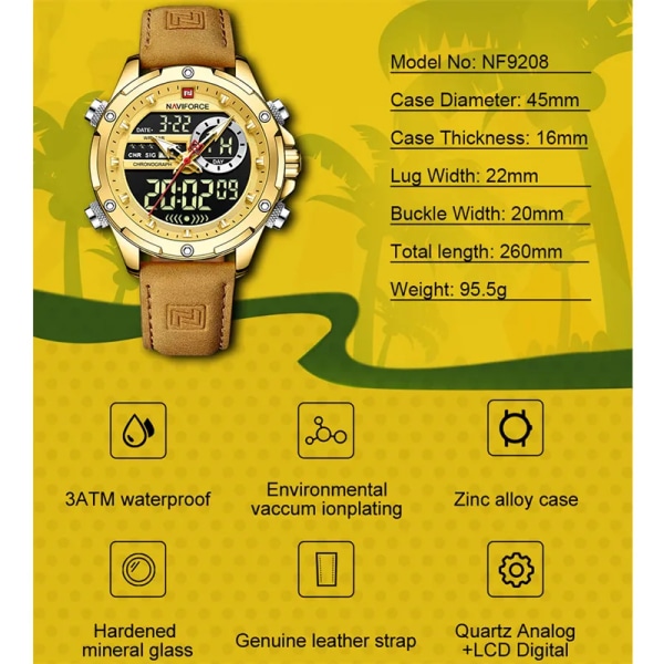 NAVIFORCE Lyxiga originalklockor för män Casual Sport Kronograf Alarm Quartz Armbandsur Läder Vattentät Digital Klocka 9163 SGNGN