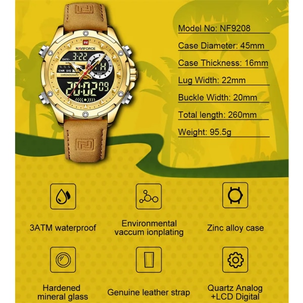 NAVIFORCE Lyxmärke Originalklockor För Herr Casual Kronograf Alarm Quartz Watch Läder Vattentät Klocka 9163 GGLABN