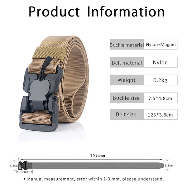Militärt taktiskt bälte för män, snabbt frigörande magnetiskt spänne Army Outdoor Jakt Multi Canvas Nylon Midjebälten Rem EE Khaki 45to47inch