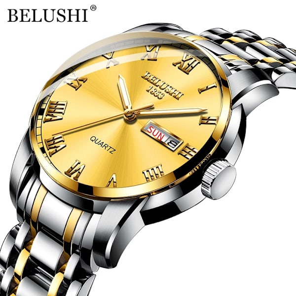 BELUSHI Herrmode Business Quartz Klockor Topp Lyx Märke Helt Stål Vattentät Analog Armbandsur Herr Kalenderklocka Silver Golden Golden