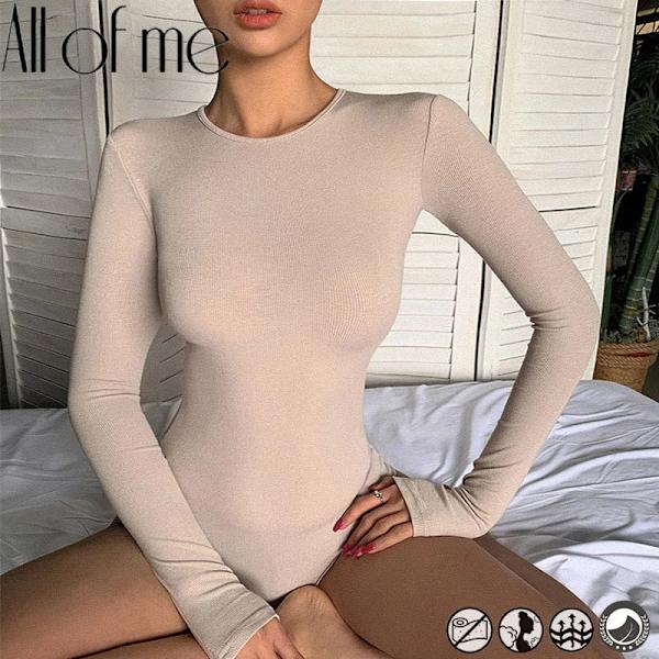 Sexig bodysuit för kvinnor Mode Långärmad Rundhalsad Smal kropp All match Botten Bodysuit i ett stycke bomull för kvinnliga flickor as pic L