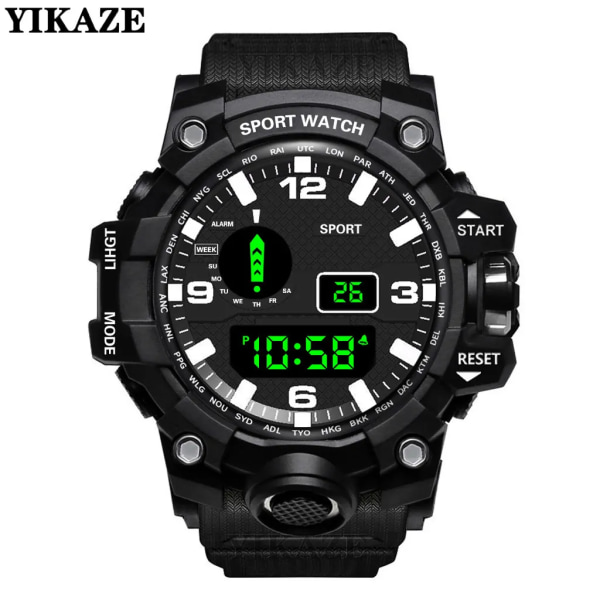 YIKAZE Svart Watch Militär Watch Digitala herrklockor Vattentät Countdown Date LED Elektronisk Armbandsur Klocka B-Black