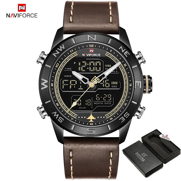 Lyxmärke Herr NAVIFORCE 9144 Army Military Watch Digital Läder Sport vattentäta Klockor Kvarts Herrklocka Relogio Masculino BYDBN BOX