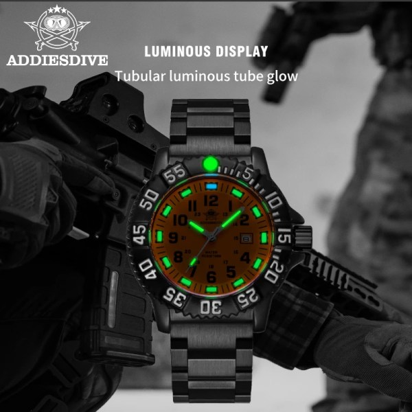 ADDIES Ny Orange Watch Sports Luminous Herrklocka Toppmärke Lyx Helt stål Quartz Klocka Vattentät Date Watch Herr 050-talet Green nylon B