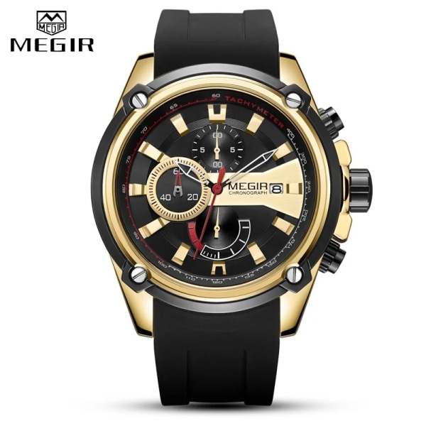 MEGIR Army Sports Quartz-klockor för män Toppmärke Lyx svart silikonrem Military Marine Chronograph Armbandsur Man 2086 Black Golden