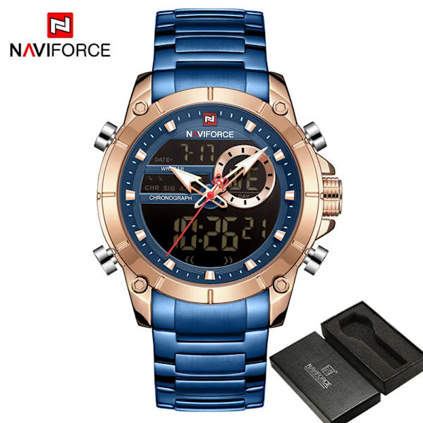 NAVIFORCE Top Brand Lyx Watch Herr Vattentät Quartz Digital Led Man Klocka Militär Sport Rostfritt stål Man Armbandsur 9163 NA916306 with box