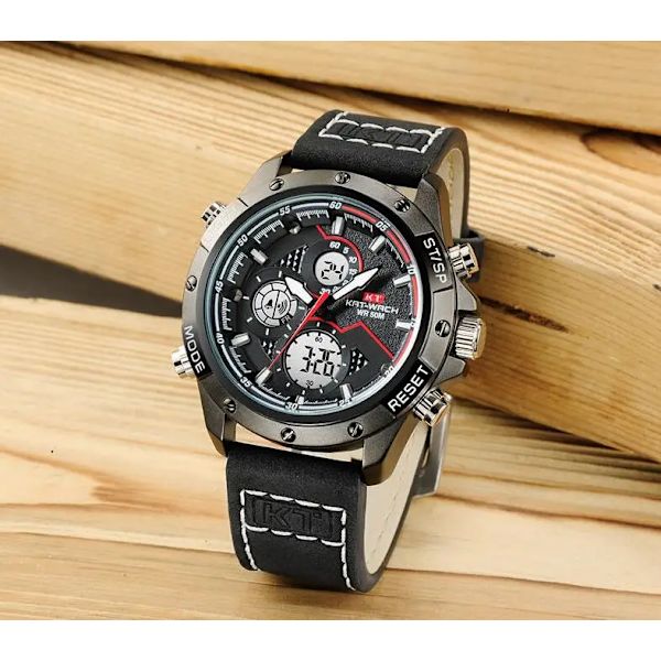 Simning 50M Sport Stor urtavla Läder Vattentät watch Herr Digitala klockor utomhus LED Elektronisk Militär Väckarklocka Manklocka NYHET Blue