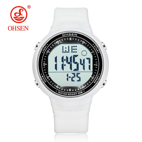 OHSEN Digital LCD Sport Herrarmbandsur Relogio Masculino 50M Vattentät Alarm Datum Gummi Mode Vit Utomhus Watch Present Black watch