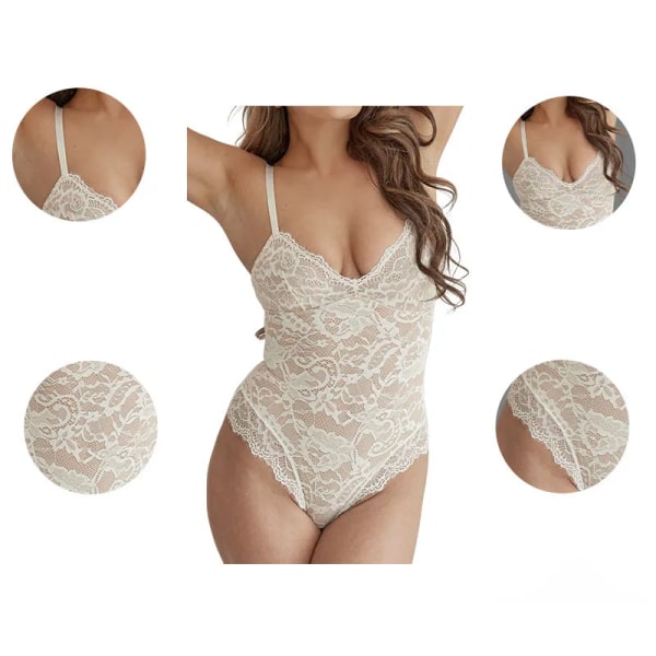 GUUDIA Sexig spets V-hals Shapewear Två lager inte genomskinlig Body Snap Open grenen Light Control Body Suit Sexig Jumpsuit white L