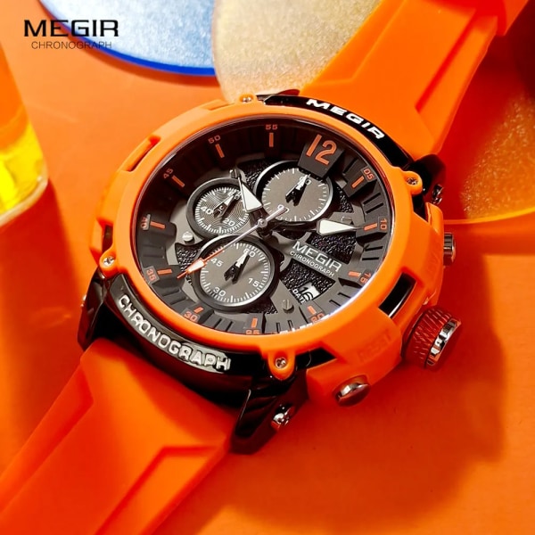 MEGIR Orange Sportklockor för män Mode Vattentät Lysande Chronograph Quartz Armbandsur med Auto Date Silikonrem 2208 Blue-Box