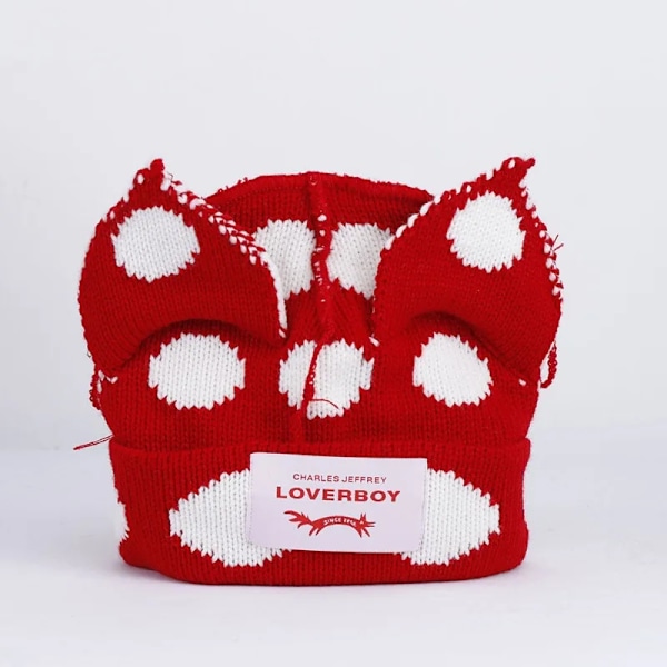 Söt Mode Huva Cap Loverboy Katteöra Stickad Hatt Dubbellager Varm Grisöra Hatt Nisch Design Hip-Hop Personlighet Kalla Hatt E27 red white dotMR M 56-58cm