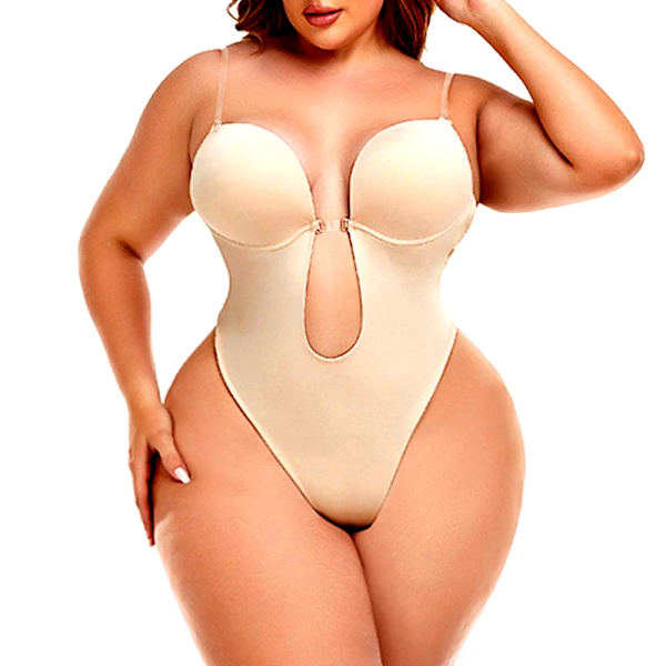 AfruliA Damklänning Rygglösa Bodysuits Shapewear Vadderad BH Helkroppsformare Sömlösa underkläder Stringtrosa Djup V-ringad Slipshorts sexy apricot XXL (40)