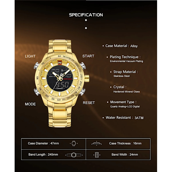 NAVIFORCE Lyxmärke Herr Watch Guld Quartz Led-klocka Herr Vattentät armbandsur Watch för män Relogio Masculino GG