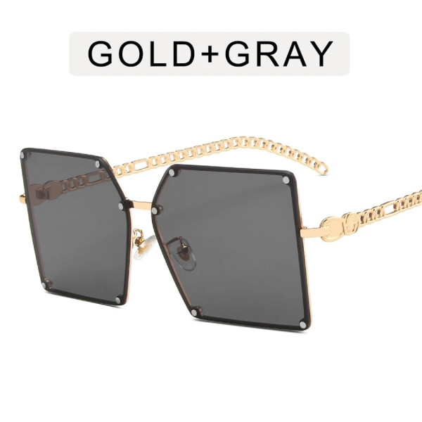 Nytt mode Oversize Gradient Solglasögon För Kvinnor Vintage Legering Kedjeram Nit Fyrkantiga Solglasögon Kvinnliga Eleganta nyanser 1-Gold-Gray As Picture