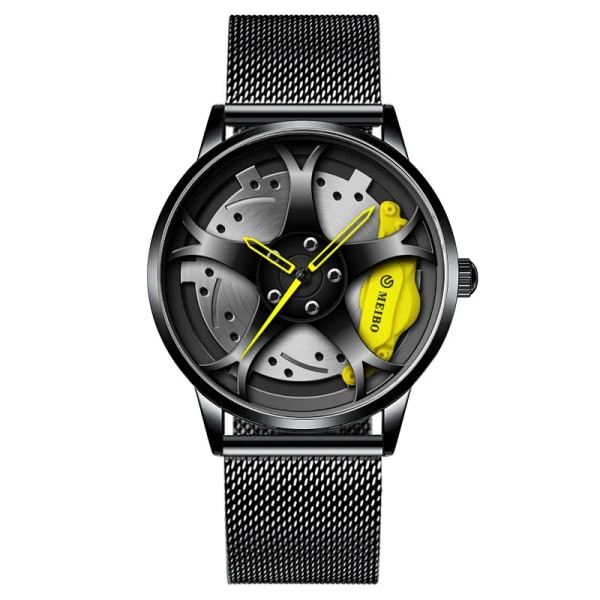 Watch för män för vattentät vakuumplätering med bilhjulsfälgnavdesign sportautomatiskt armbandsur Mesh Belt Yellow