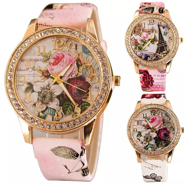 HET FÖRSÄLJNING!!! Kvinnor Rhinestone Inlagd Blomma Rund Urtavla Faux Läder Band Kvarts Watch Mode Kvarts Watch Kvinnor C