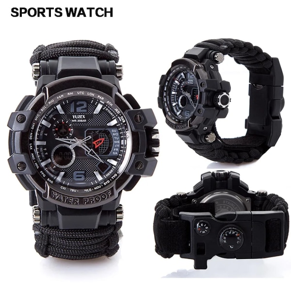 Utomhus Survival Watch Multifunktionell Vattentät Militär Taktisk Paracord Watch Armband Camping Vandring Nödutrustning EDC Black with box