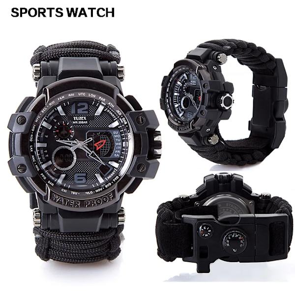 Utomhus Survival Watch Multifunktionell Vattentät Militär Taktisk Paracord Watch Armband Camping Vandring Nödutrustning EDC khaki with box