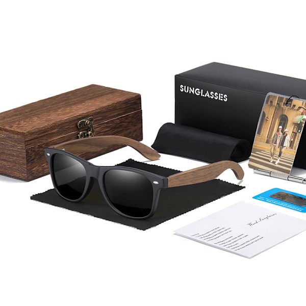 GM Märke Valnöt Trä Polariserad Solglasögon Herr Fyrkantig Båge Solglasögon Dam Solglasögon Man Oculos de sol Masculino S7061h Black Square Box Black