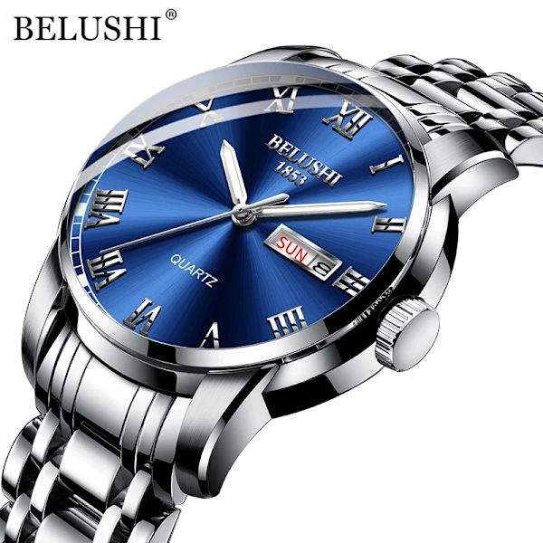 BELUSHI Herrmode Business Quartz Klockor Topp Lyx Märke Helt Stål Vattentät Analog Armbandsur Herr Kalenderklocka Silver Blue