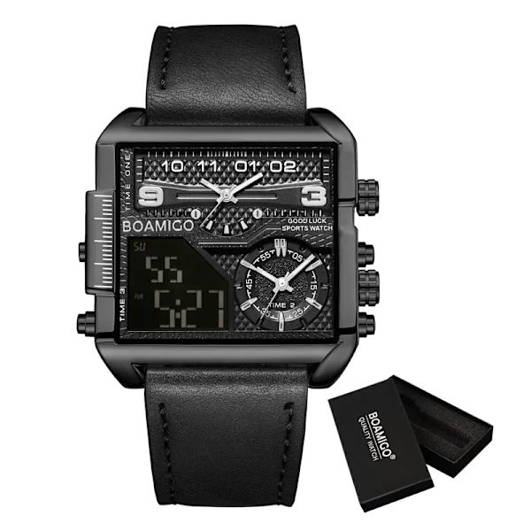 BOAMIGO Toppmärke Lyxmode Herrklockor Guld Stål Sport Fyrkantig Digital Analog Big Quartz Watch for Man relogio masculino black pi(.104)