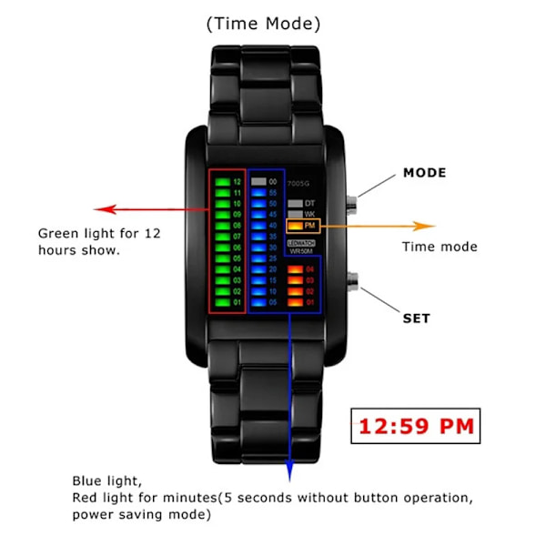 Binära watch resistenta klockor män 3ATM vattentät larm Chrono rektangel urtavla Canlender svart ljus tuff struktur Black With Box