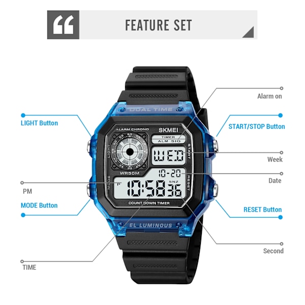 SKMEI 1998 Herr Multifunktion 5Bar Vattentät Chrono Armbandsur Klocka reloj hombre Japan Digital Movement Countdown Watch black