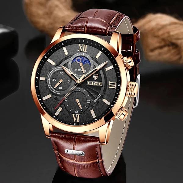 2023 nya herrklockor Toppmärke Lyxigt brunt läder Casual Quartz Watch Herr Sport Vattentät watch Relogio Masculino all black