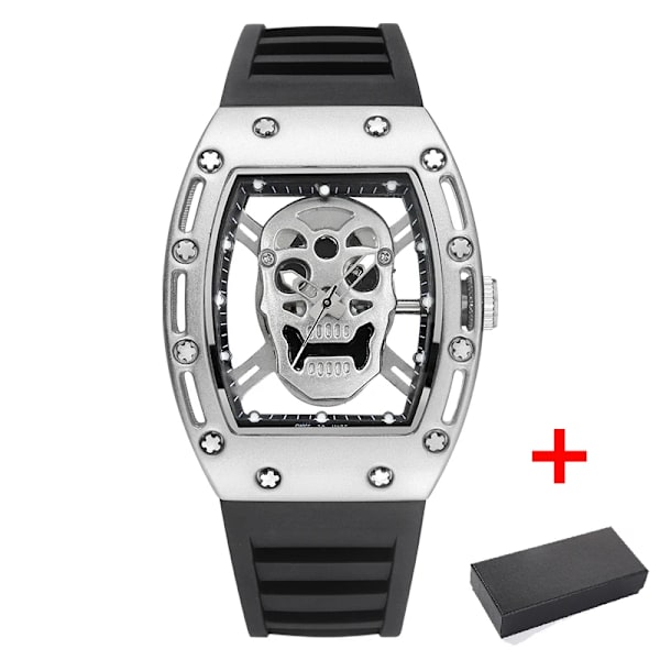 Kimsdun Watch For Herr Toppmärke Lyx Vattentät Tonneau Hollow Out Skull Man Armbandsur Silikon Relogio Masculino 2022 full silver box