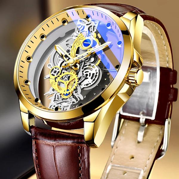 Armbandsur Double Hollow Automatisk Machine Rostfritt Stål Watch Icke-mekanisk Quartz Movement Tourbillon Watch for Herr silver