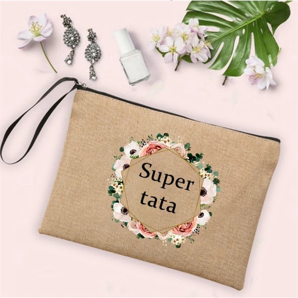 Bästa presenterna till Tata Super Tata Print Linne Blixtlåspåse Rese-toalettsaker Organizer Kosmetisk väska Kvinnor Neceser Makeup-väskor Q08086-A012BR-S