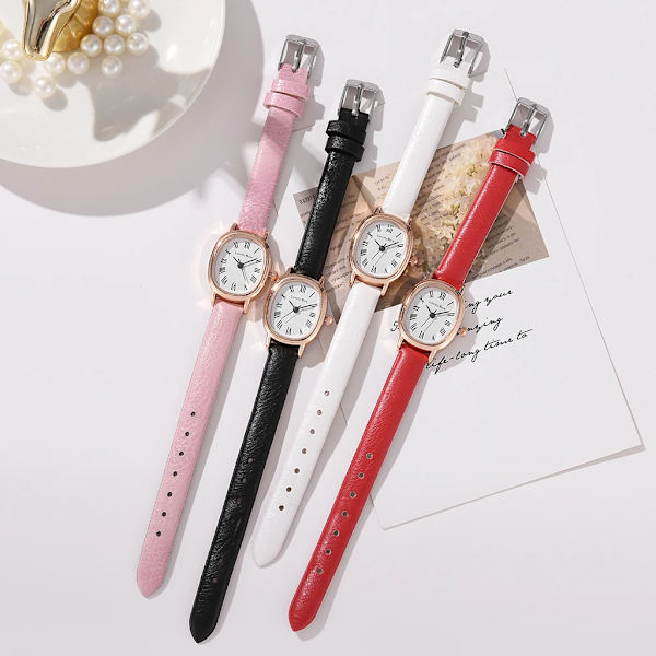 Nytt Dammode Svarta Klockor Set Vintage Läder Dam Armbandsur Enkel Oval Urtavla Klänning Retro Kvinnlig Quartz Armbandsur Black Set
