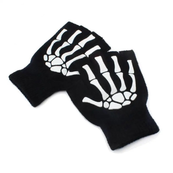 Lysande skelett fingerlösa handskar för män Kvinnor Tonåringar Skeleton Skull Cykling Vandring Vinterhandskar Gotiska stickade svarta handskar 1 pair free size